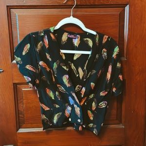 Black and multicolor feather print top